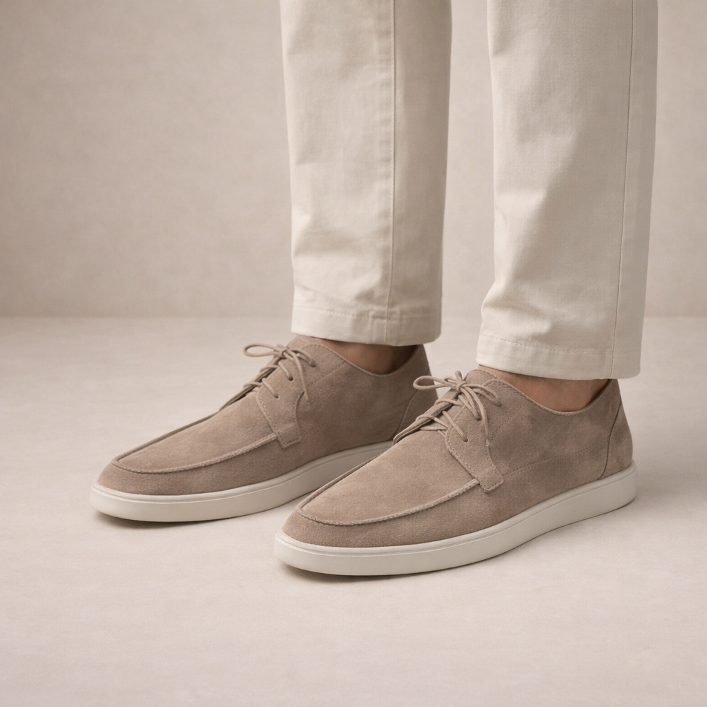 Suede-look lace-up loafers detail view of the lace closure, available in beige and black.