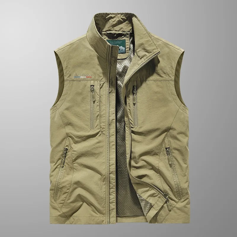 Bodywarmer vest worn open over a tee outdoors