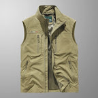 Bodywarmer vest worn open over a tee outdoors