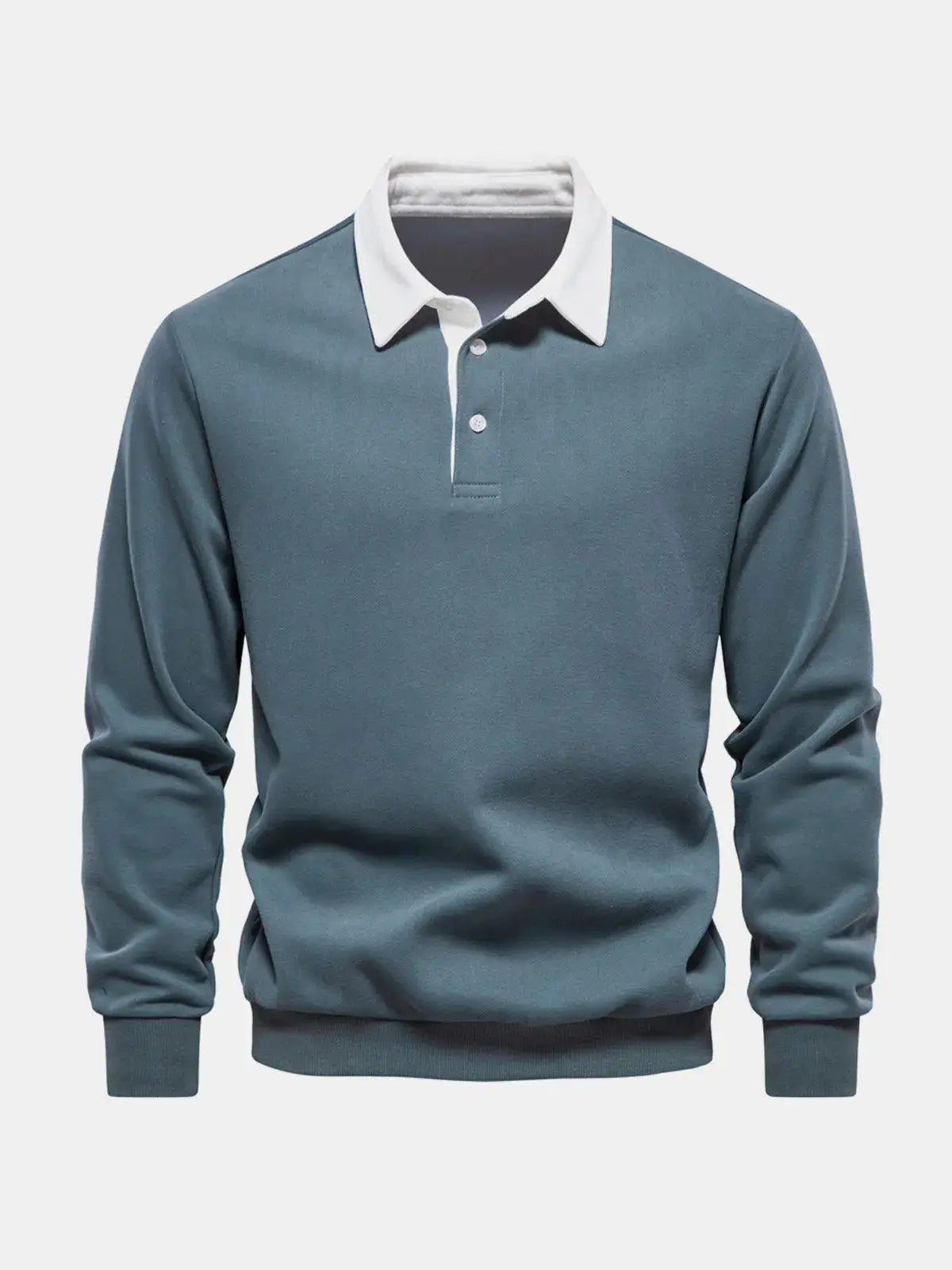 Green polo collar sweatshirt with button placket, long sleeve, front view