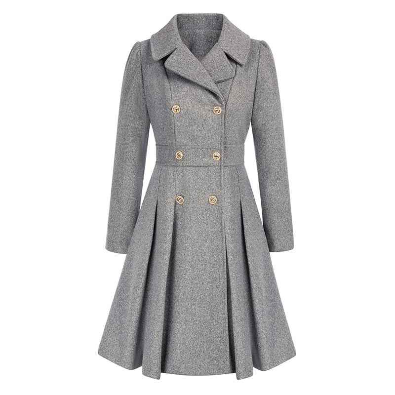 Lapel collar coat with double-button front, knee length, front view