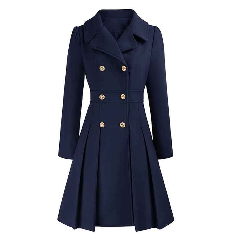 Knee-length coat with notched lapel collar, full-length view