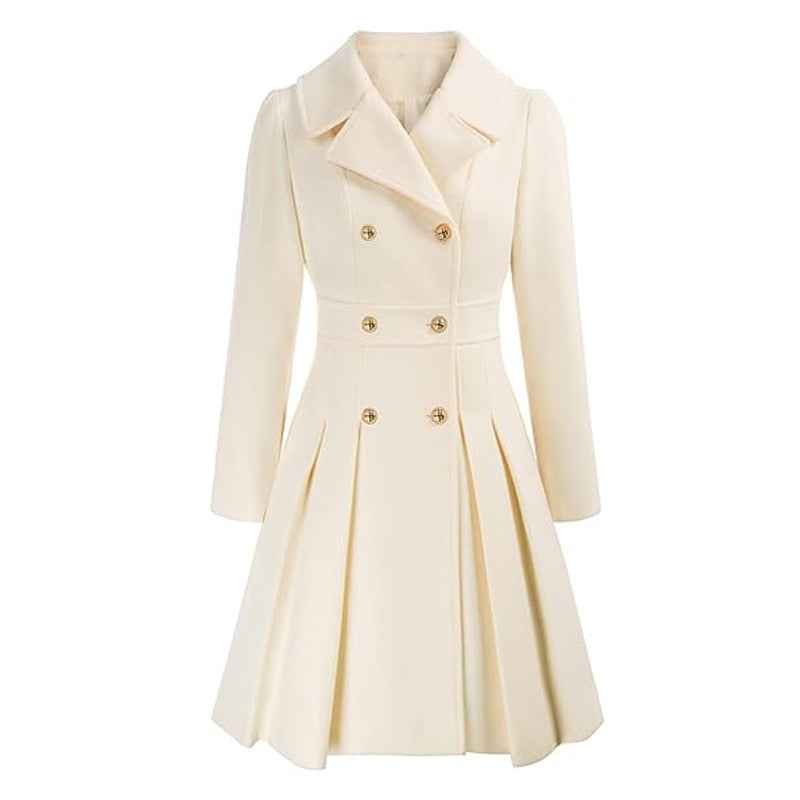 Knee-length lapel collar coat, side view