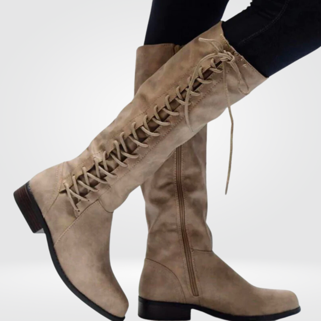 Beige knee high boots in leather-look with low block heel, full-length view