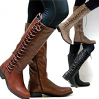 Black knee high boots in leather-look with low block heel, detail view