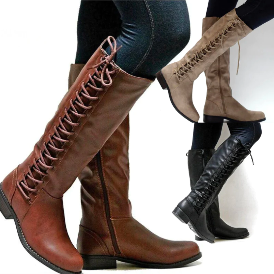 Black knee high boots in leather-look with low block heel, detail view