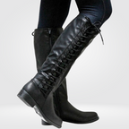 Black knee high boots in leather-look with low block heel, full-length view