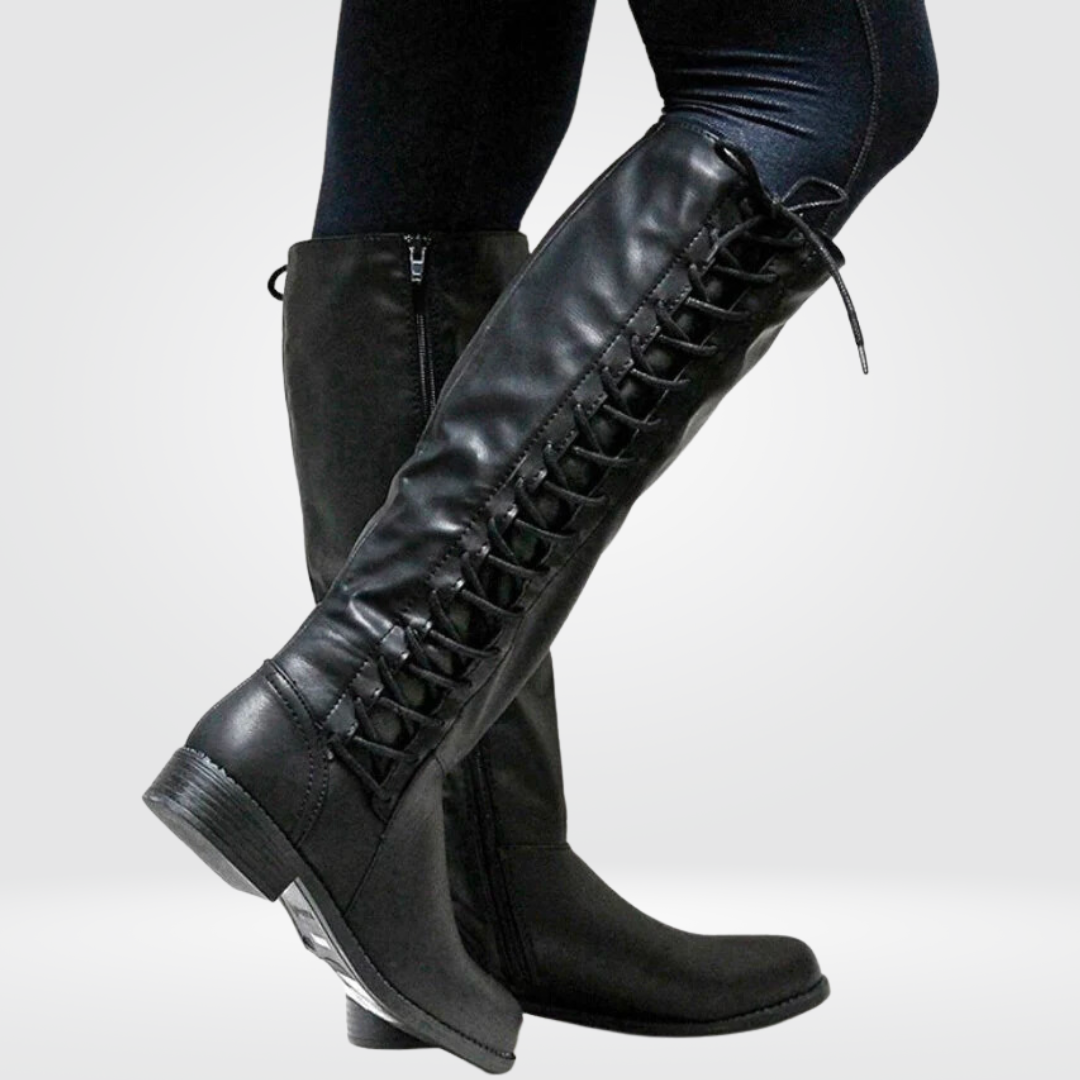 Black knee high boots in leather-look with low block heel, full-length view