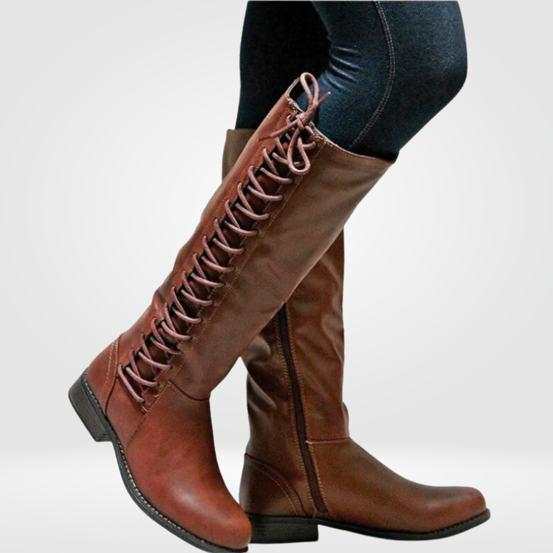 Brown knee high boots in leather-look with low block heel, full-length view