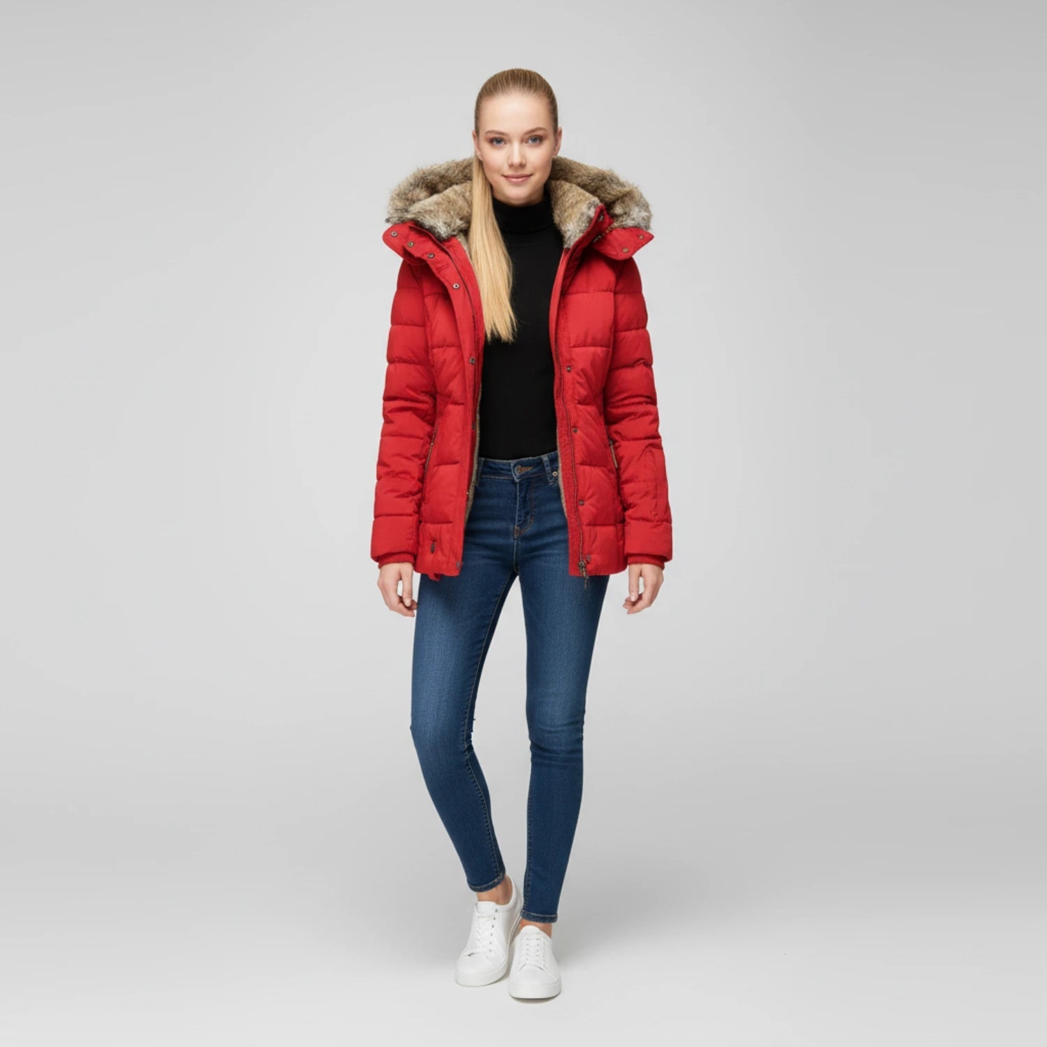 Fitted Fur-Hood Jacket Quilted Puffer