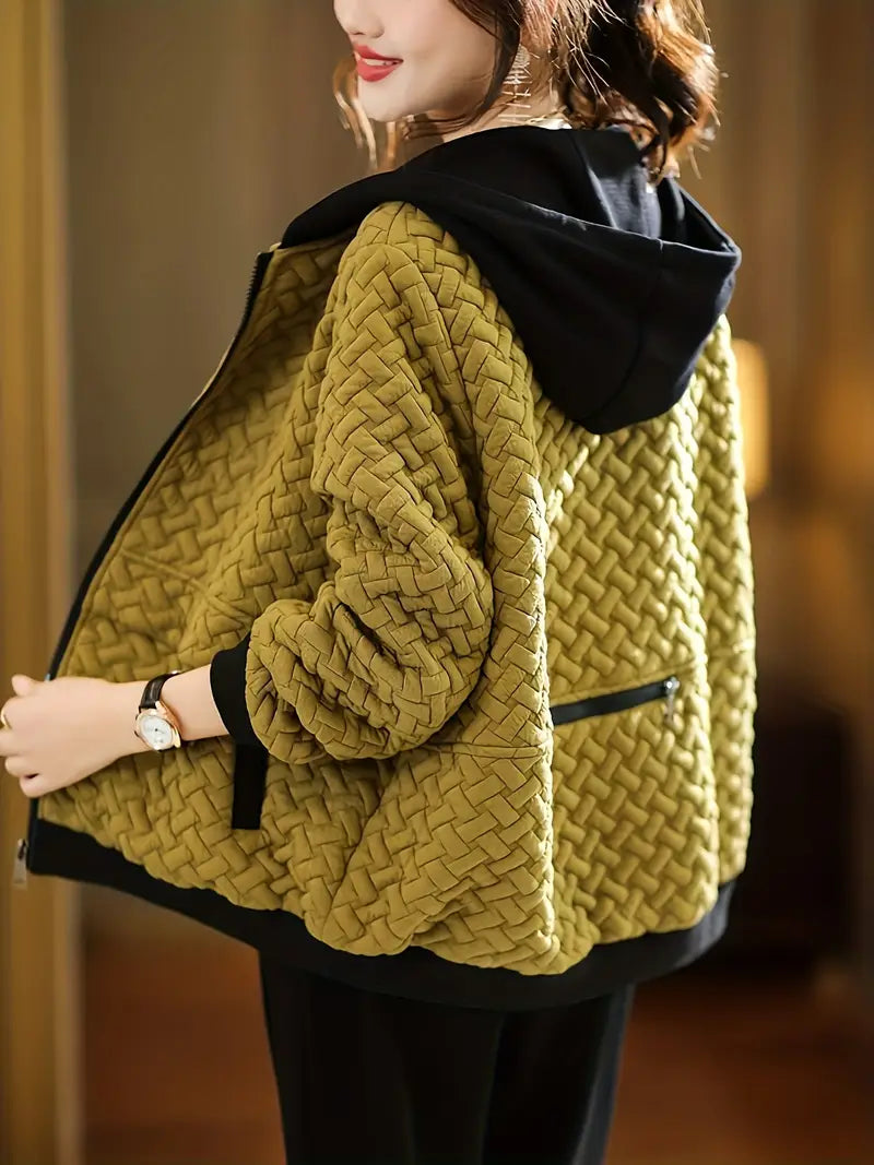 Amber quilted hoodie with basketweave pattern and black hood, front view