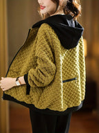Amber quilted hoodie with basketweave pattern and black hood, front view