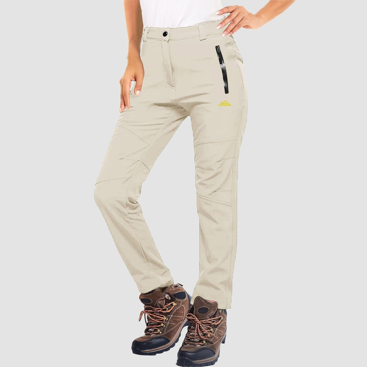 Beige fleece lined winter ski pants, water resistant ripstop softshell, front view