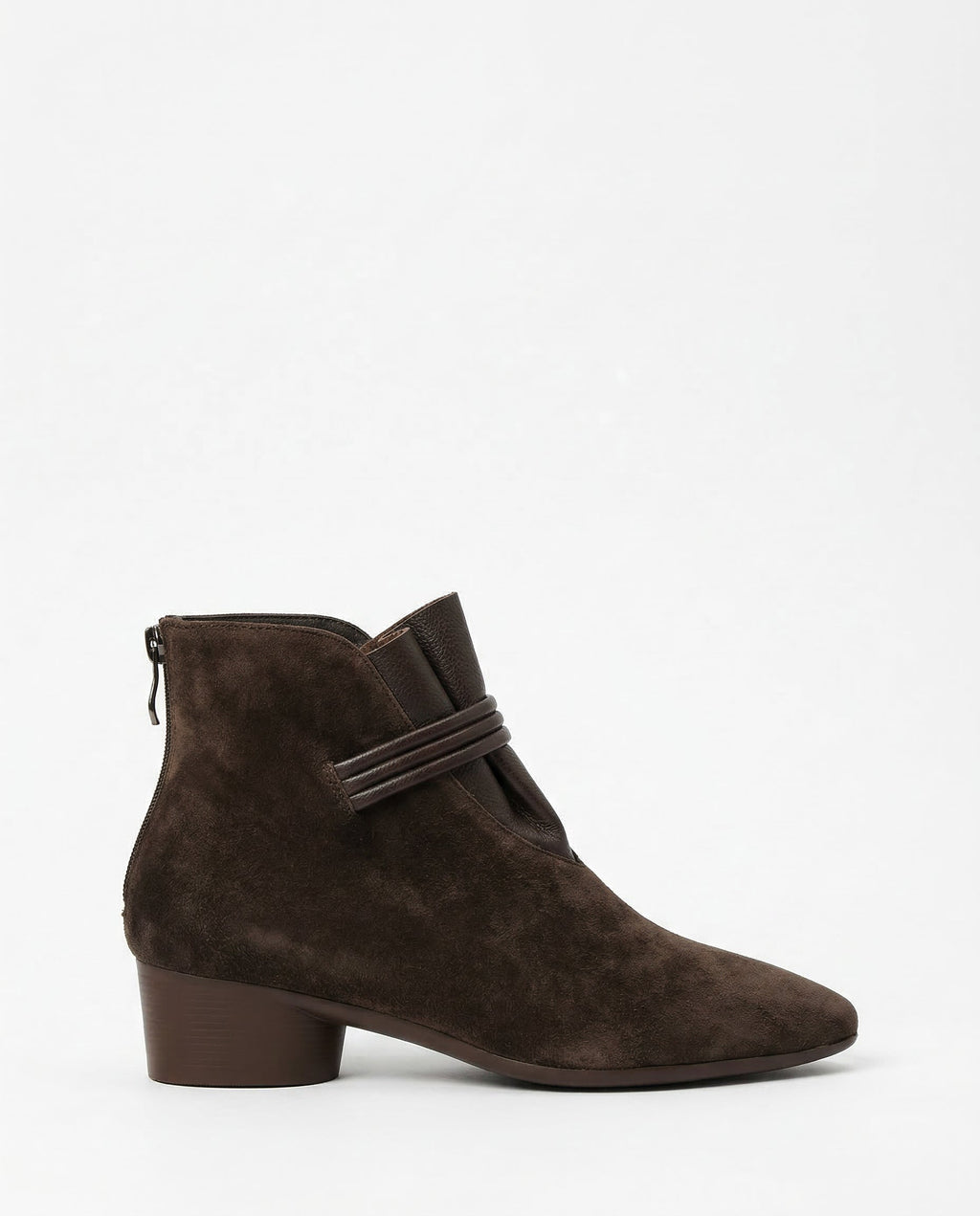 Pointed-toe suede ankle boots in coffee.