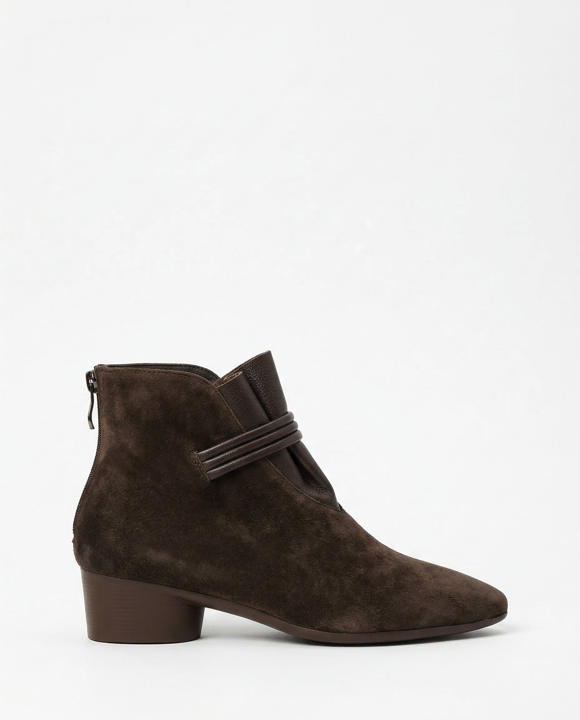 Pointed-toe suede ankle boots in coffee.