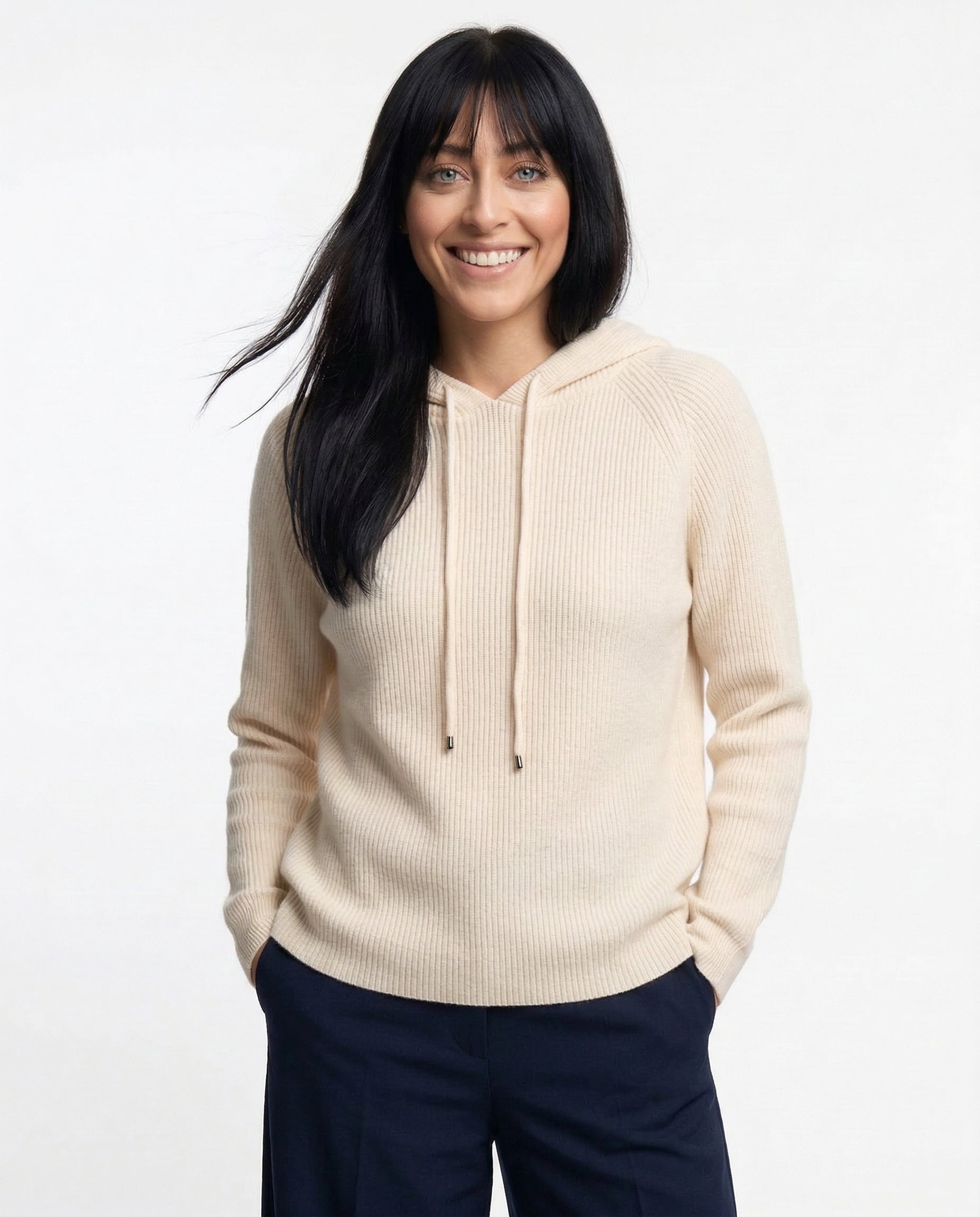 Relaxed hooded knit pullover.