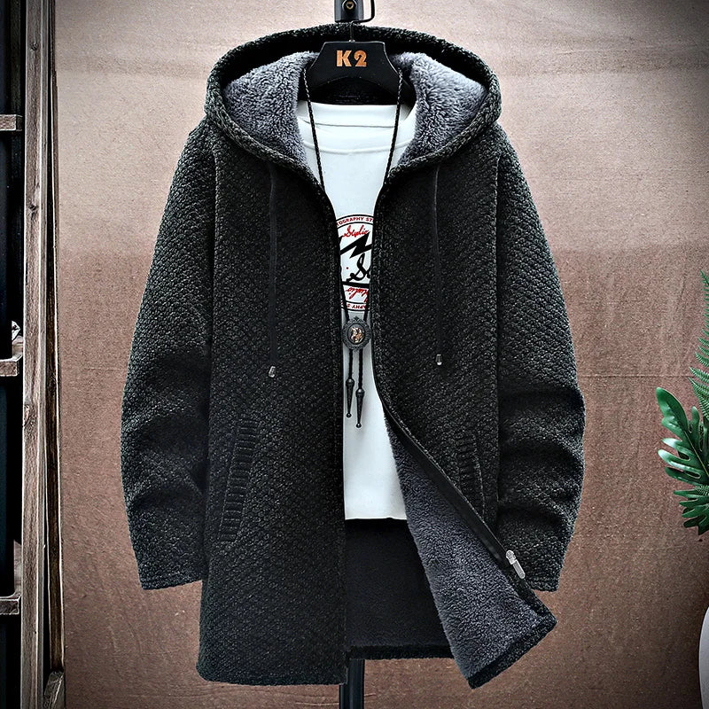 Green wool blend jacket with metal zip closure, front view