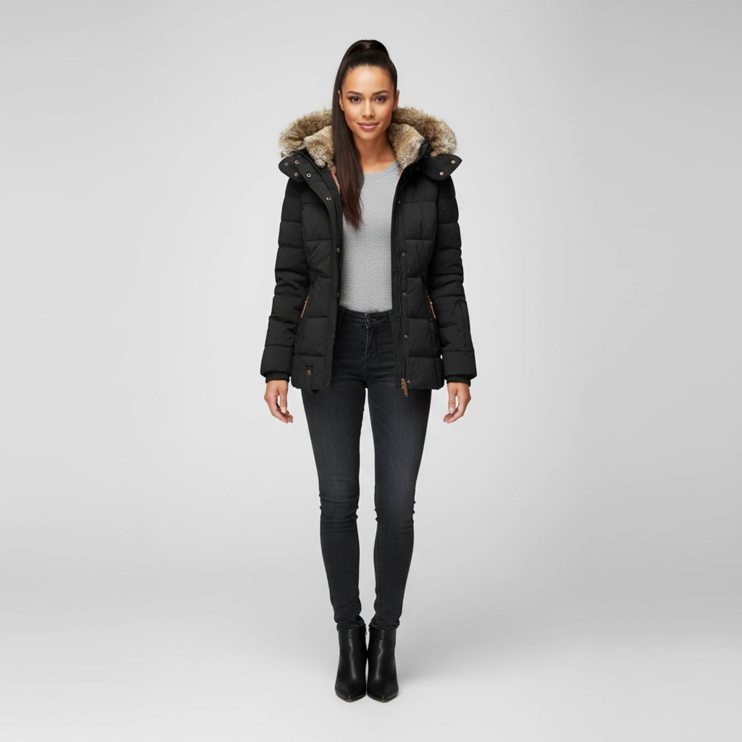Fitted Fur-Hood Jacket Quilted Puffer