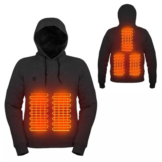 Black heated hoodie with three heat settings and USB power, full view