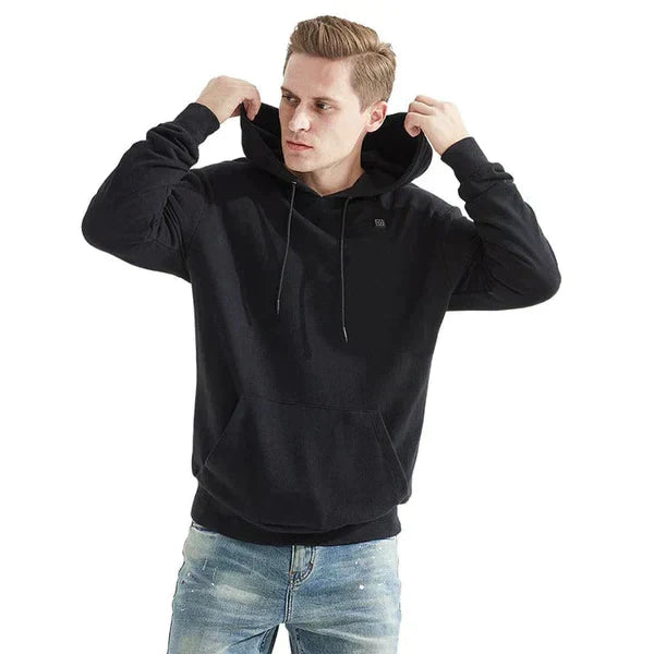 Grey heated hoodie with three heat settings and USB power, back view