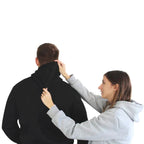 Grey heated hoodie with three heat settings and USB power, hood detail
