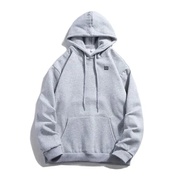Grey heated hoodie with three heat settings and USB power, styled view