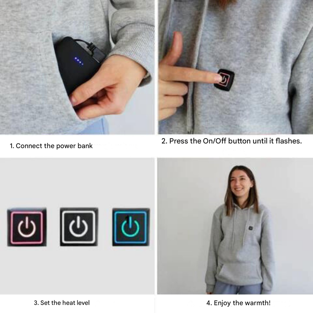 Grey heated hoodie with three heat settings and USB power, control button detail