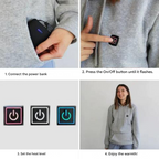 Grey heated hoodie with three heat settings and USB power, control button detail