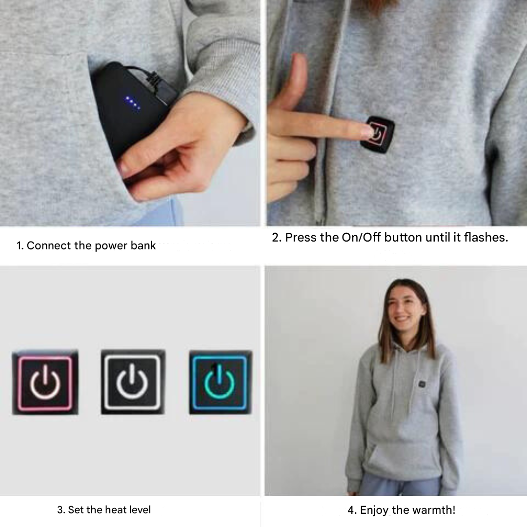 Grey heated hoodie with three heat settings and USB power, control button detail