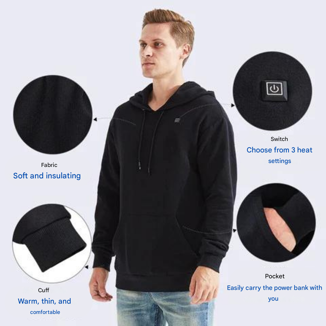 Grey heated hoodie with three heat settings and USB power, USB connection detail