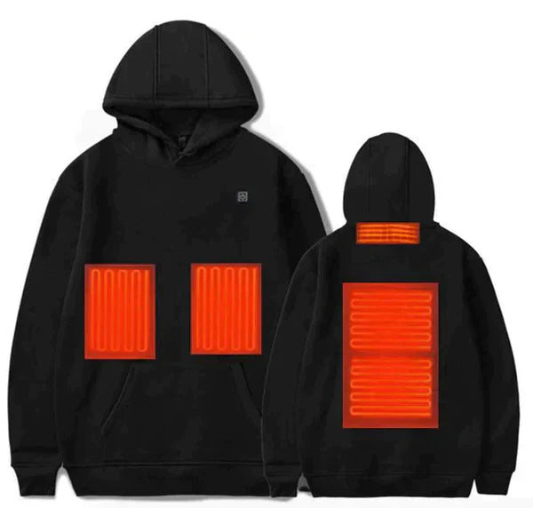 Grey heated hoodie with three heat settings and USB power, front view