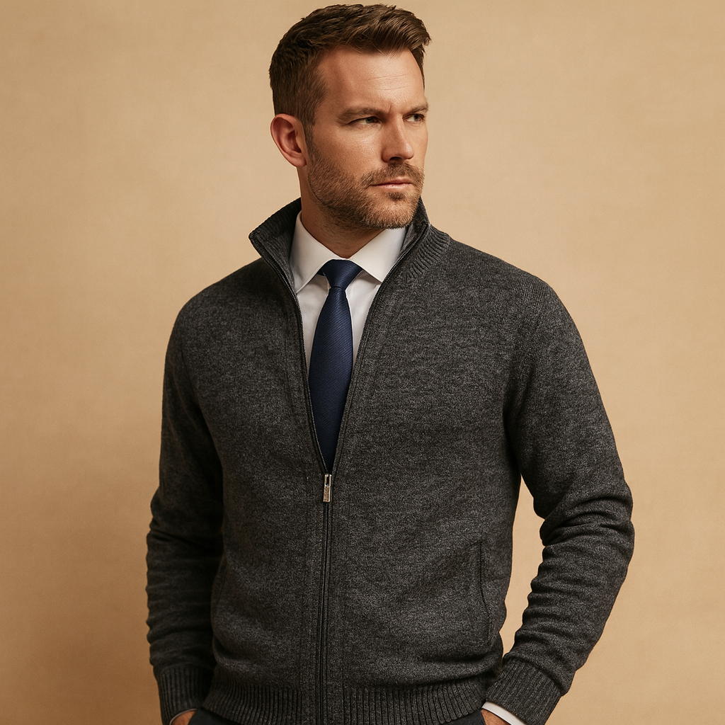 Dark Grey zip front cardigan, soft warm layer with full-length zip