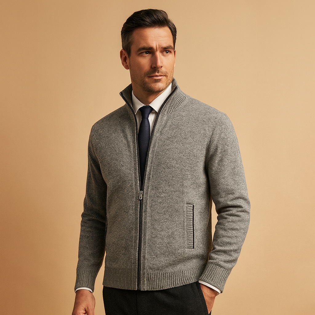 Light Grey zip front cardigan, soft warm layer with full-length zip