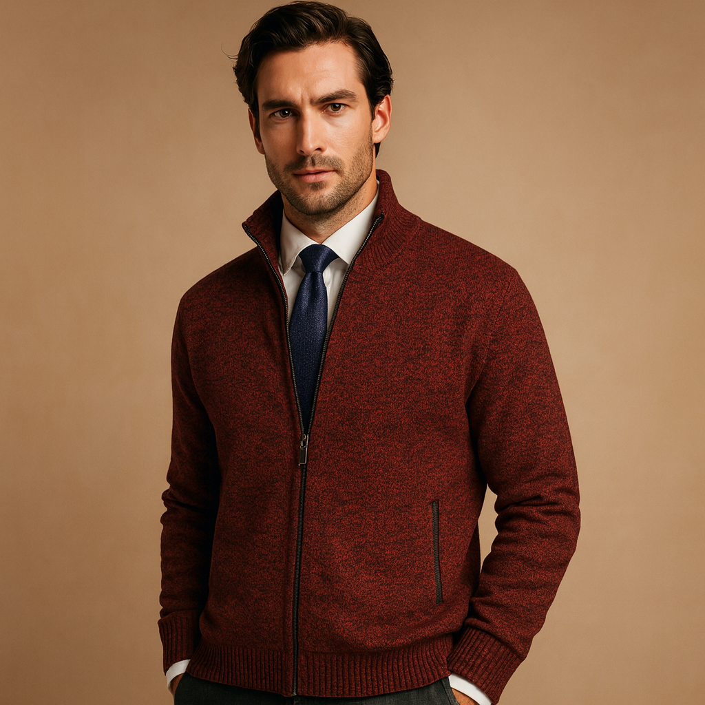 Red zip front cardigan, soft warm layer with full-length zip