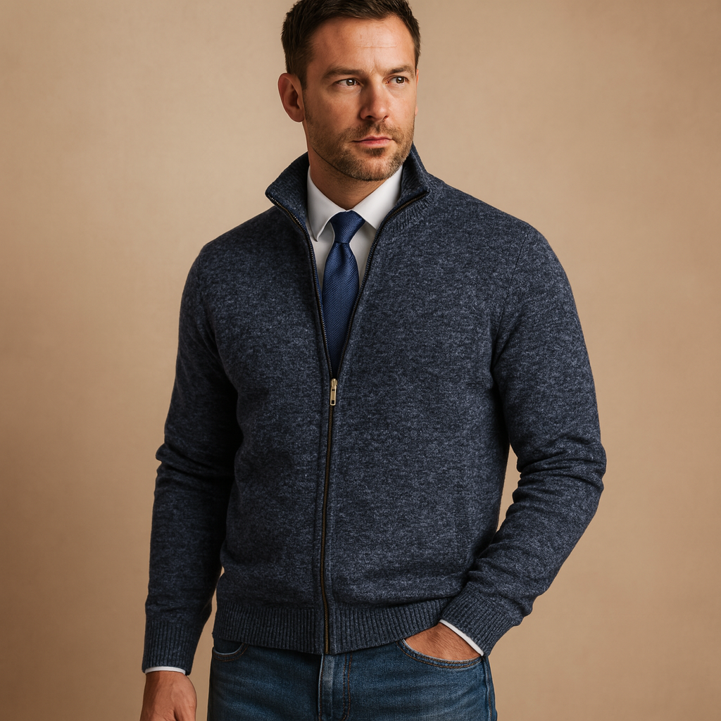 Navy Blue zip front cardigan, soft warm layer with full-length zip