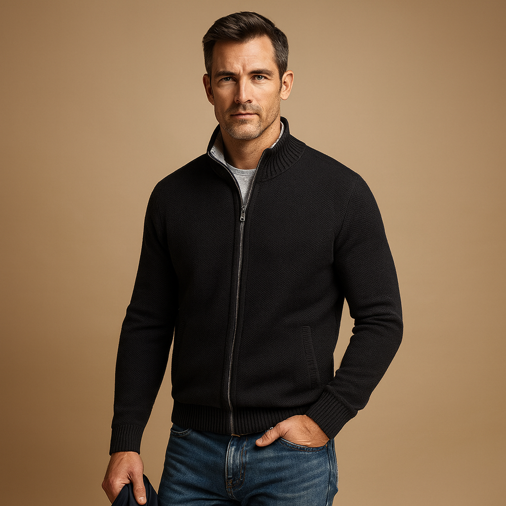 Black zip front cardigan, soft warm layer with full-length zip