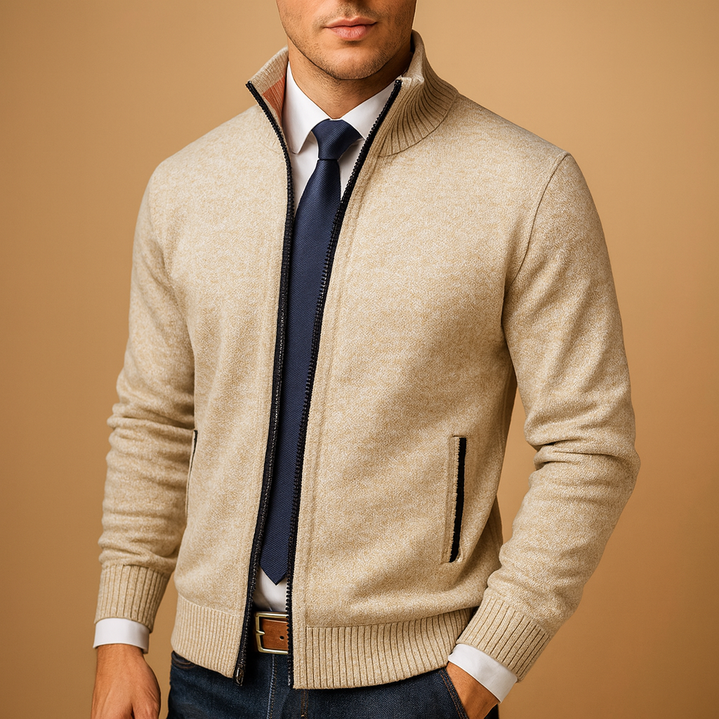 Beige zip front cardigan, soft warm layer with full-length zip