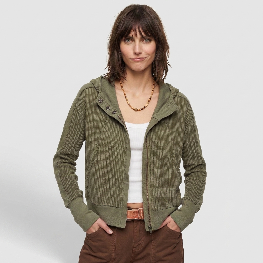 Cropped Hoodie Waffle-Knit Zip