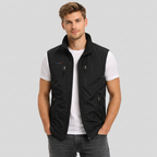Black bodywarmer vest with full zip and standing collar, front view