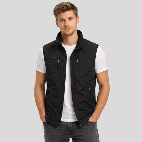 Black bodywarmer vest with full zip and standing collar, front view