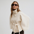 Cape-Sleeve Belted High-Collar Coat