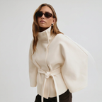 Cape-Sleeve Belted High-Collar Coat