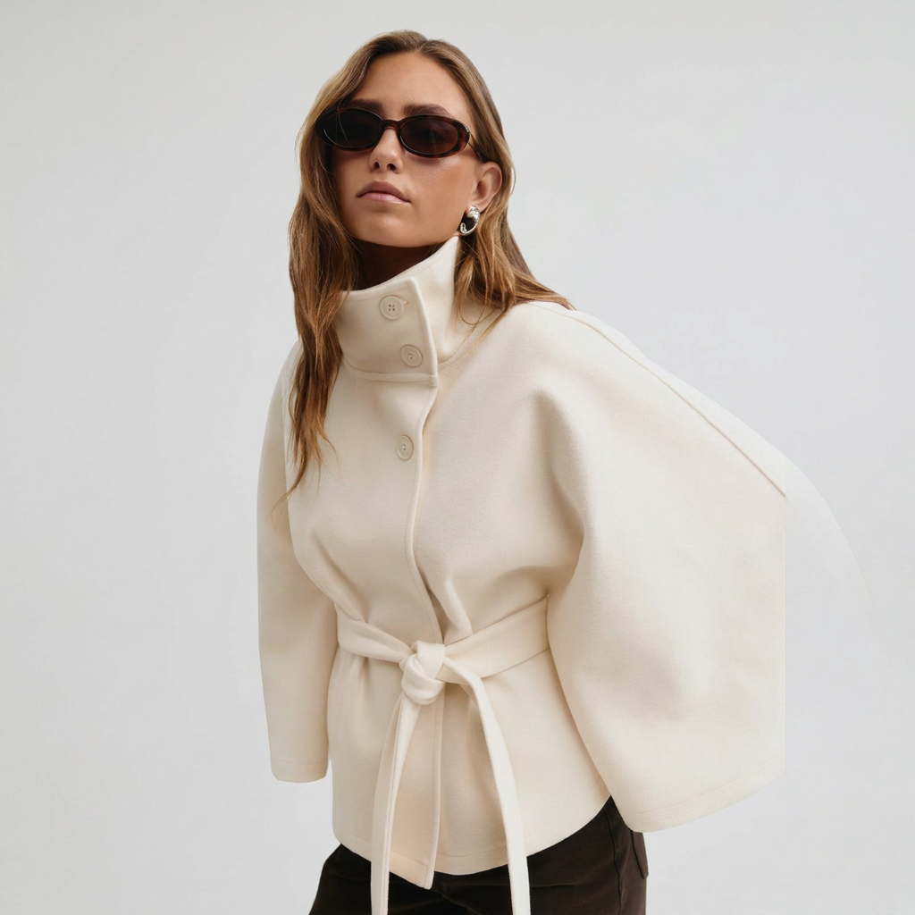 Cape-Sleeve Belted High-Collar Coat