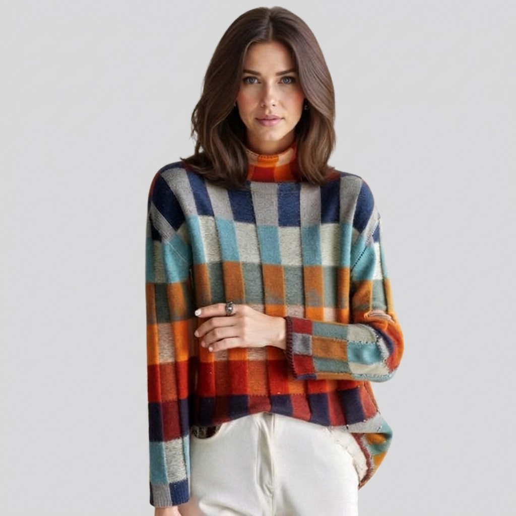 Patchwork Knit Sweater With Turtleneck