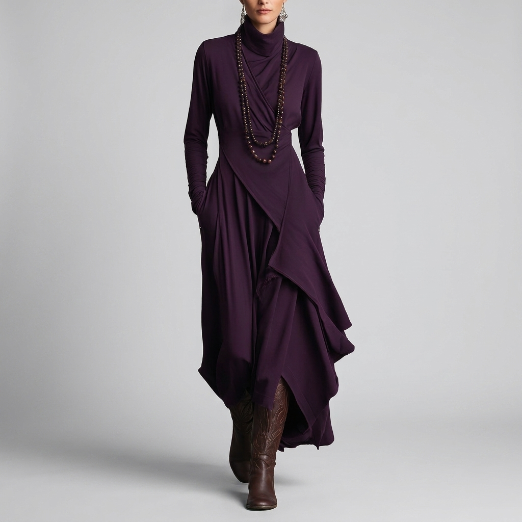 Elegant Dress Draped  With Turtleneck