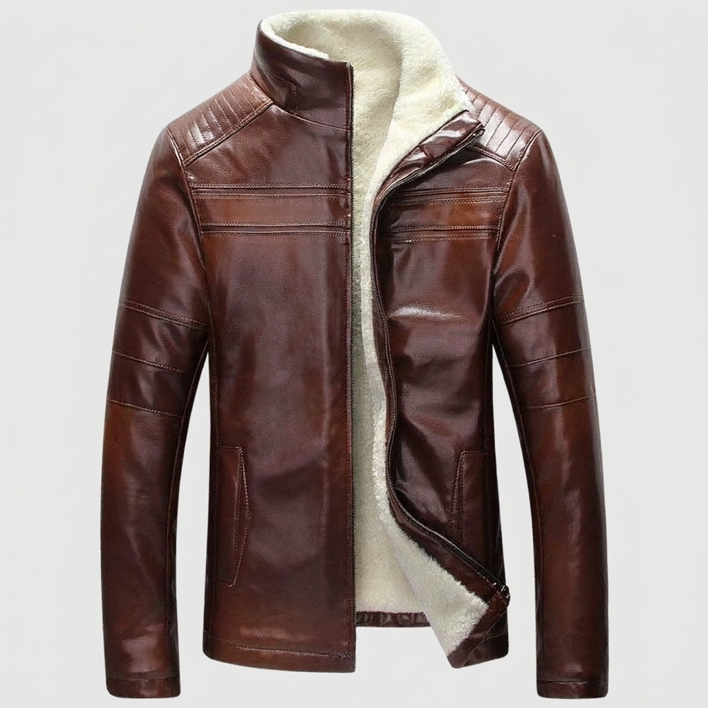 Leather-Look Jacket Fleece-Lined Stand Collar