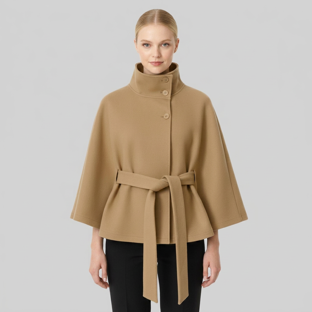 Wool Blend Coat High Collar Belted