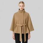 Wool Blend Coat High Collar Belted
