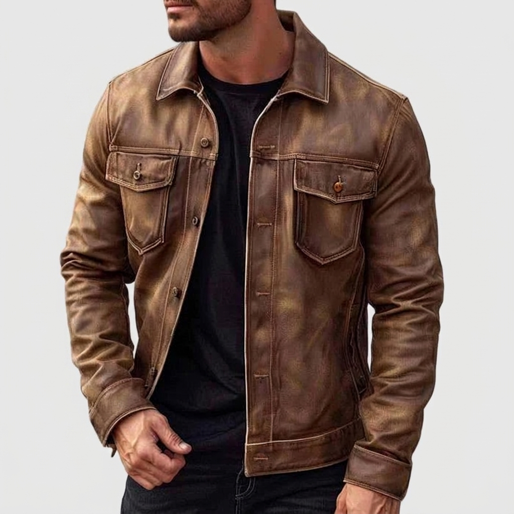 Vintage Leather Jacket Classic Collar Button Front