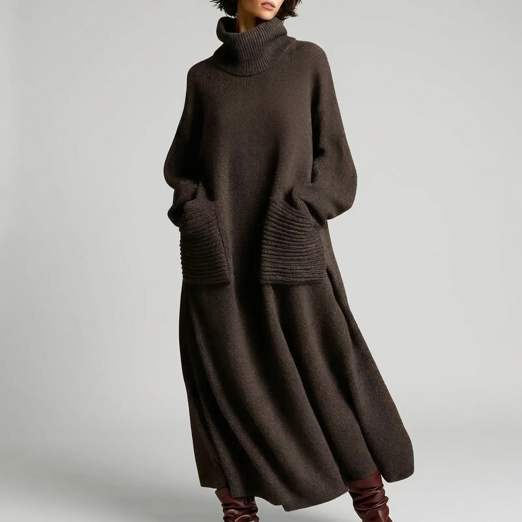 Knit Maxi Dress High Neck Long Sleeve